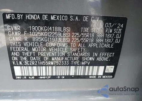2024 Honda Hr-V 2Wd Sport/2Wd Sport W/O Bsi from USA, damaged, VIN 3CZRZ1H55RM752333